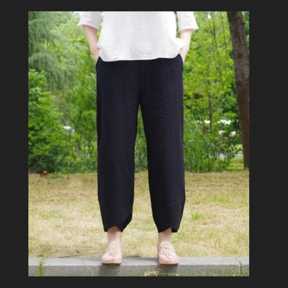NWT E-Retro Black Cotton/Linen Tulip-Cuff Crop Pants - 2XL - Picture 7 of 8